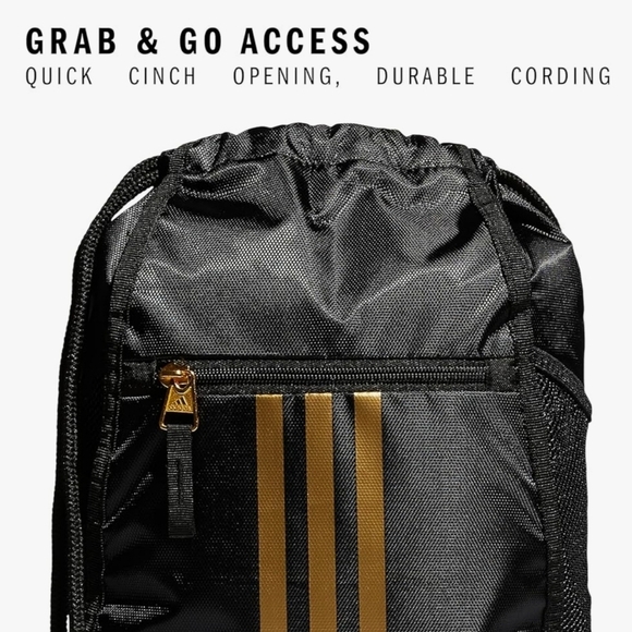Adidas Alliance Sackpack Drawstring Black Backpack Gold Metallic Zippered Pocket - Picture 2 of 9